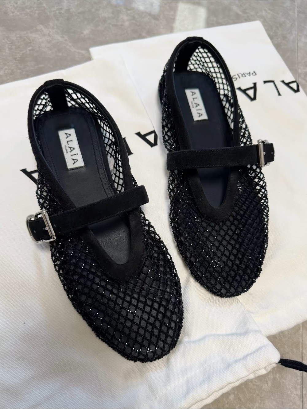 Alaia Black Mesh Mary Jane Flats with Crystal Net